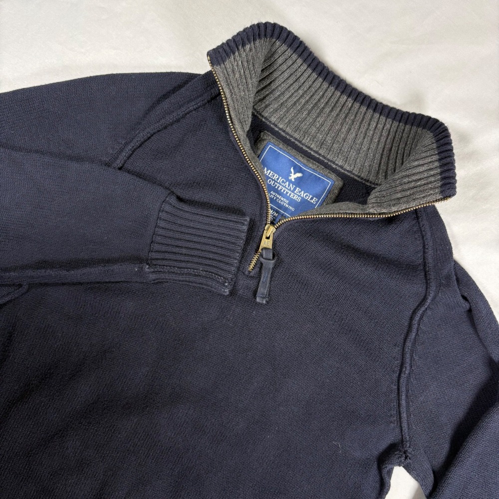 American Eagle Y2K Mens M Navy Cotton Quarter Zip Sweater Raw Seam AEO